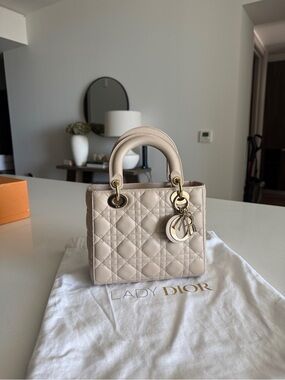 Christian Dior Medium Lady Dior Cannage Lambskin Bag Beige Gold Hardware